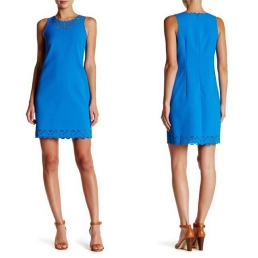 J. Crew Factory Scallop Laser Cut Floral Sheath Blue Short Dress • Size 14 🗣